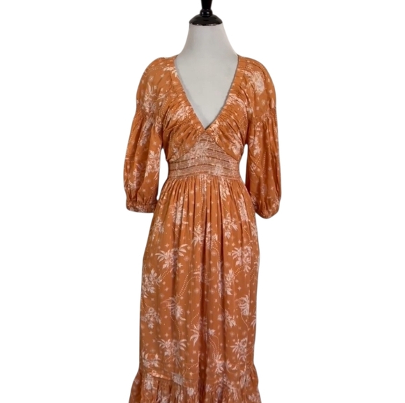 🔆 Free People Orange Maxi Dress with Bishop Sleeves, Size Small - Picture 6 of 6